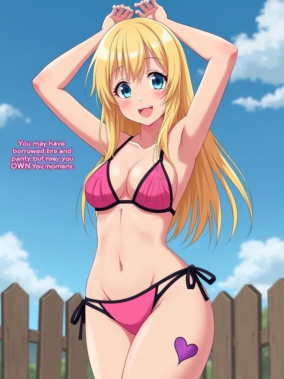 Digital anime illustration features young female character wearing pink string bikini. Character stands in medium shot with arms raised behind her head. Cheerful expression prominent with blue eyes and long blonde hair. Purple heart tattoo on thigh. Background shows wooden structure and blue sky. Pink text present. Natural front lighting highlights features and details. Clean linework and cel-shaded coloring.