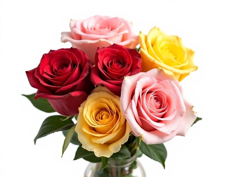 A bouquet of red, yellow and pink roses. Isolated on a white background. Six roses arranged beautifully with green leaves.