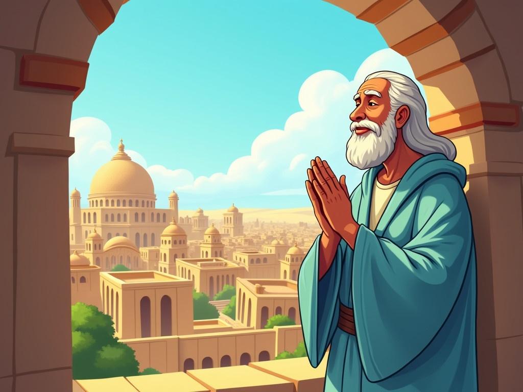 In ancient Babylon, a cheerful cartoon illustration depicts an old man named Daniel standing by an open window with his hands clasped in prayer. The bright sky outside the window presents a vivid view of the ancient city of Babylon filled with unique architecture and greenery. Daniel wears a simple light blue robe that conveys a sense of peace and creativity. His expression radiates happiness, reflecting his faith and contentment. The atmosphere showcases a blend of serenity and joy, capturing a moment of spiritual connection in an ancient setting.