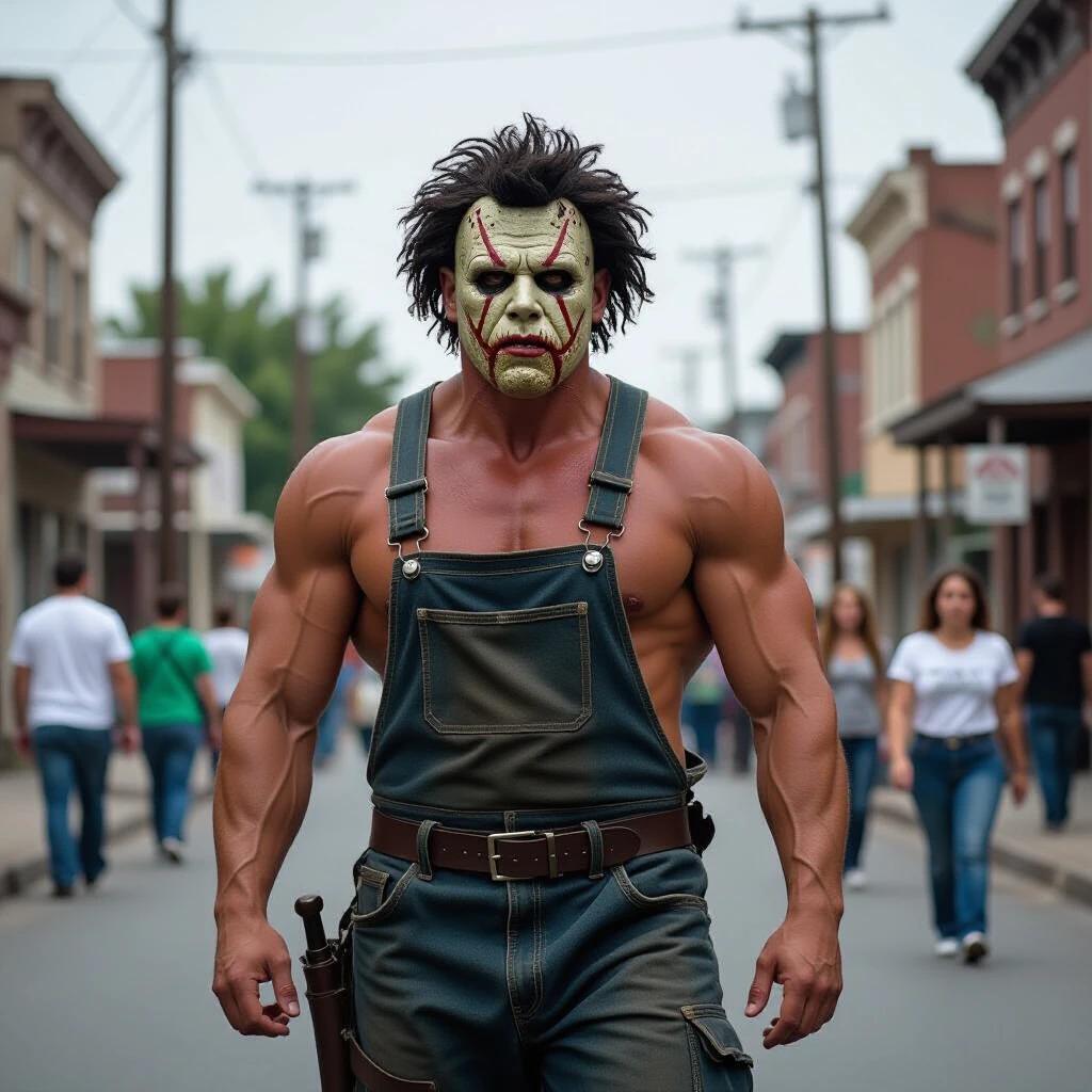 Leatherface character walking down the street. Muscular physique. People looking scared.