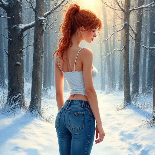 Watercolored illustration of a woman in a snowy forest. She has long hair pulled back. She wears a white tank top and skinny jeans. The scene features deep colors and a magical atmosphere.
