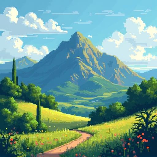 A pixel art scene depicting a vibrant green and flowering field with a prominent mountain in the background. The pixels are clearly defined and highlighted, showcasing a colorful landscape.