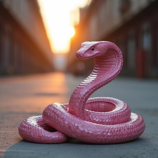 Close-up shot of a pink mosaic snake sculpture in an industrial setting during sunset. The sculpture appears polished with iridescent colors. The background is softly blurred, enhancing the snake's isolation.