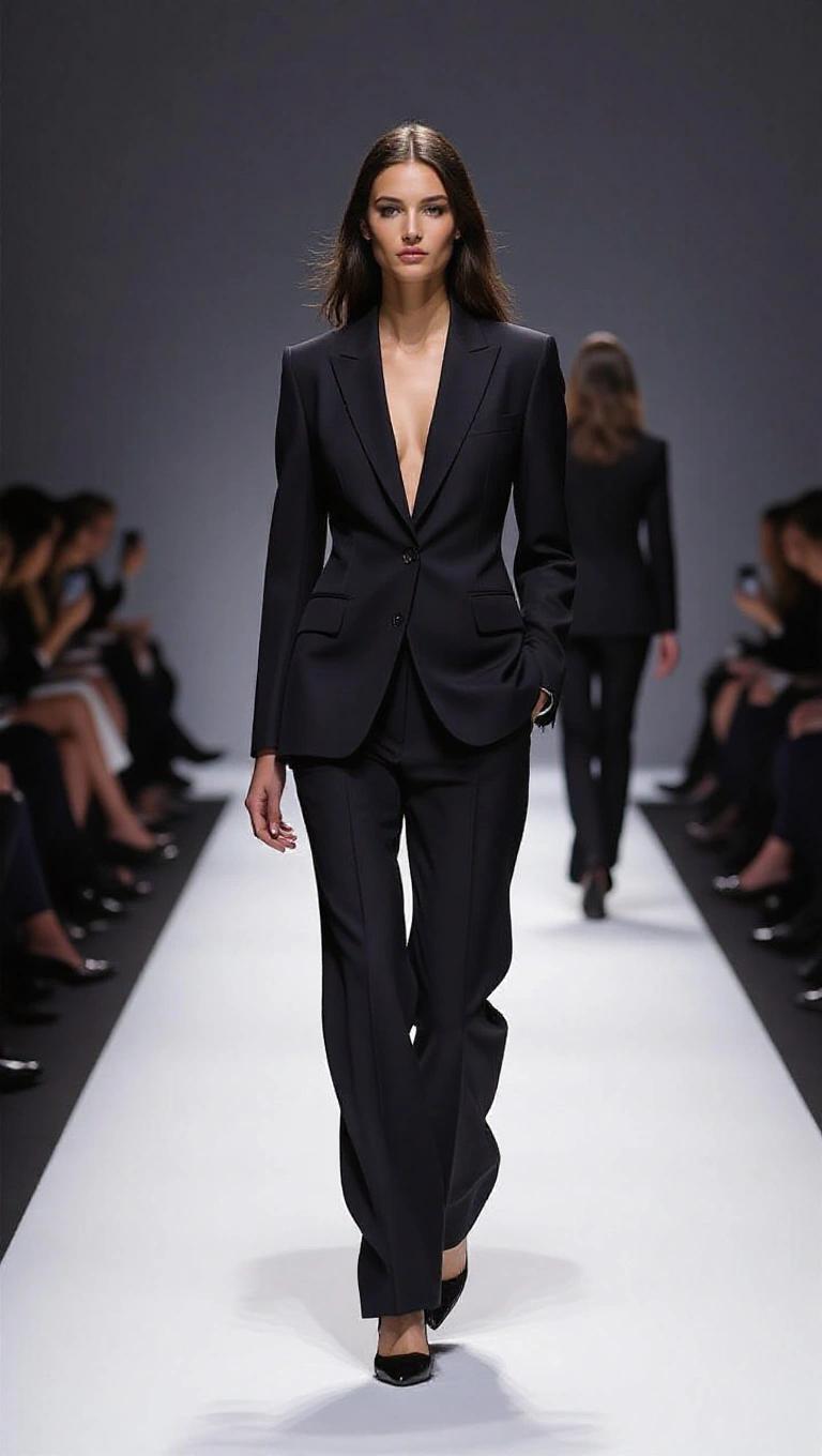 Elegant fashion scene model tailored suit runway. Soft lighting dramatic effect audience formal attire background. Professional atmosphere.