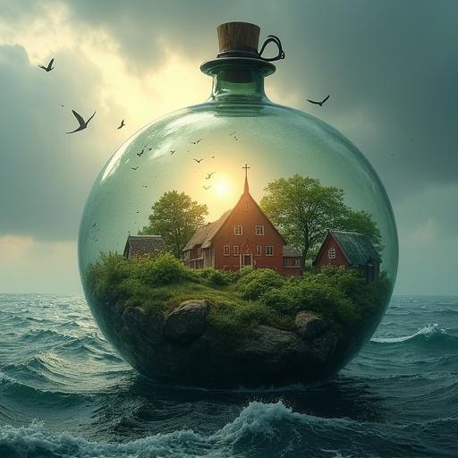 Image of a lush inhabited island inside a glass bottle floating on a dark stormy sea. Island features trees, red-roofed houses resembling Scandinavian architecture, and a church or steeple in the center. Birds are flying around the island. The bottle interior shows a cloudy sky lit by a bright sun, creating warm golden light. The old bottle with a cork is partly submerged in threatening waves. The surrounding sea is dark with reflections and splashes, suggesting a storm.