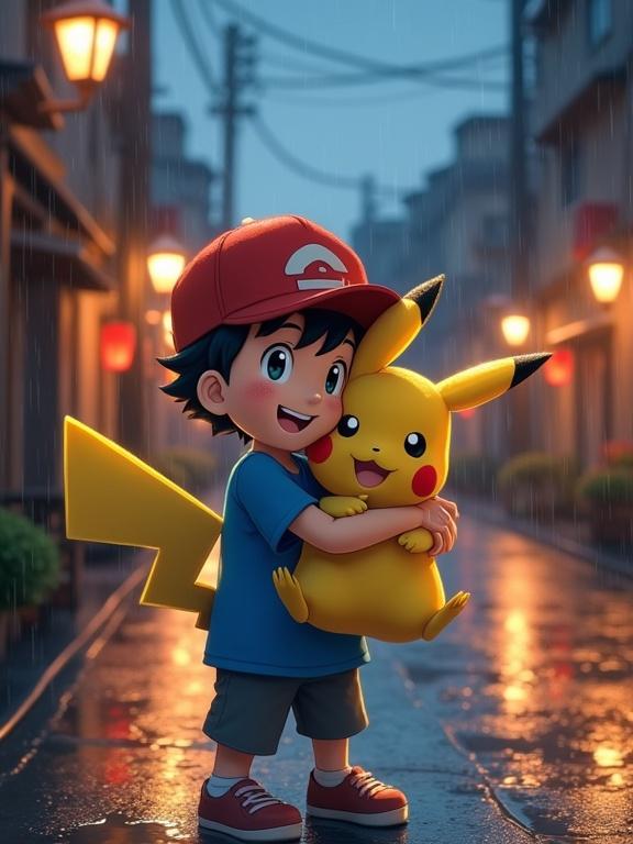 Anime-style boy in red cap and blue shirt hugs happy Pikachu on rainy street. Warm lanterns illuminate puddles reflecting soft evening light.
