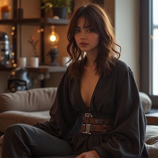 Attractive woman seated in a cozy indoor setting. Stylish clothing with a sci-fi vibe. Warm lighting enhances her features.