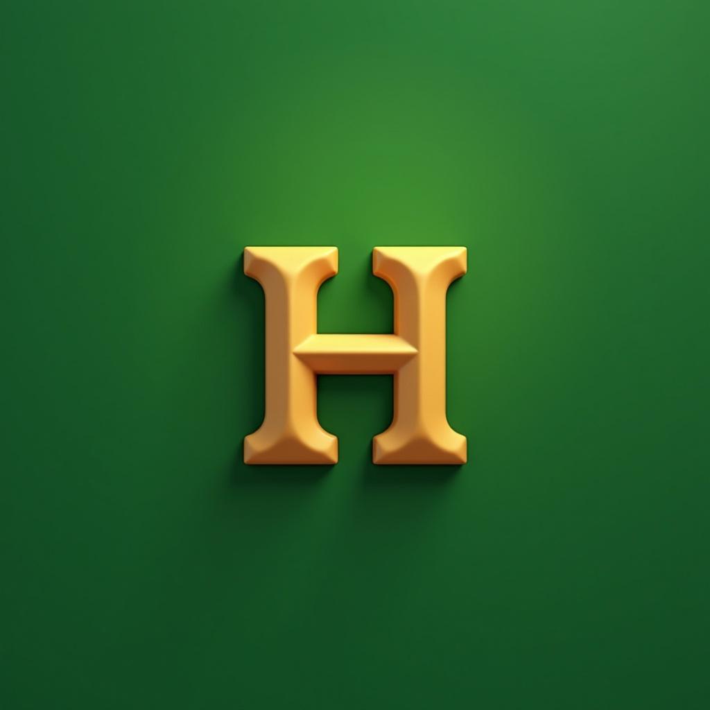 Gold 3D lowercase letter H on a green background.