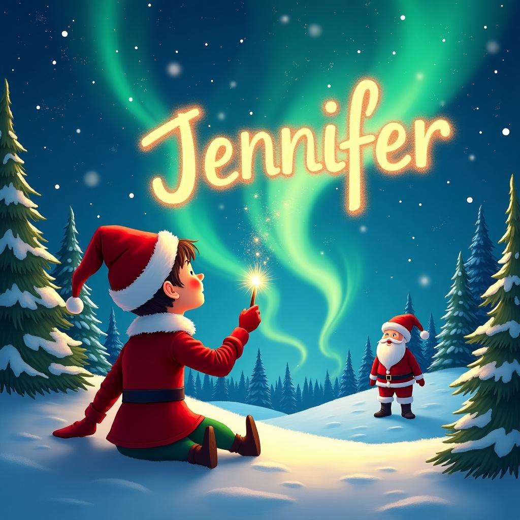 In a magical Christmas scene, an elf on the shelf sits with his back to the viewer, gazing up at a dazzling sky. He holds a wand, using it to write the name 'Jennifer' in bright, sparkling letters against the backdrop of vibrant northern lights. The snow-covered landscape is adorned with pine trees, and in the distance, Santa Claus stands, watching the enchanting display. This whimsical illustration captures the essence of holiday cheer and wonder, appealing to both children and adults alike. The colors are rich and festive, emphasizing the joy of the season.