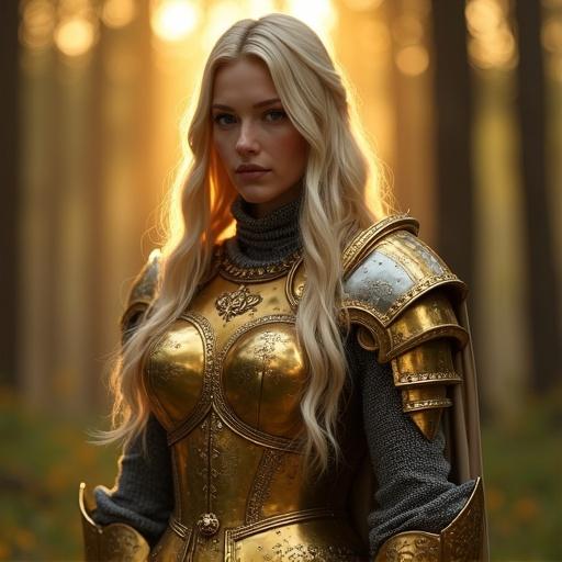 A woman wearing golden armor stands in a forest. She has long blonde hair and a serious expression. The armor is detailed with ornate elements and silver accents. The soft-focused forest backdrop is illuminated by warm golden light. The image displays high detail and is styled in photorealistic digital art.