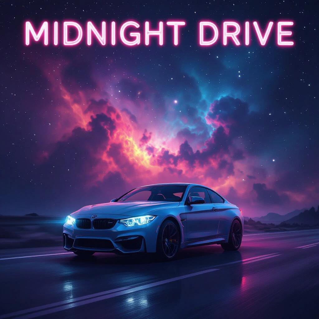Raw photo with neon nebula album cover displaying the text Midnight Drive. The car is prominently featured with a cosmic background.