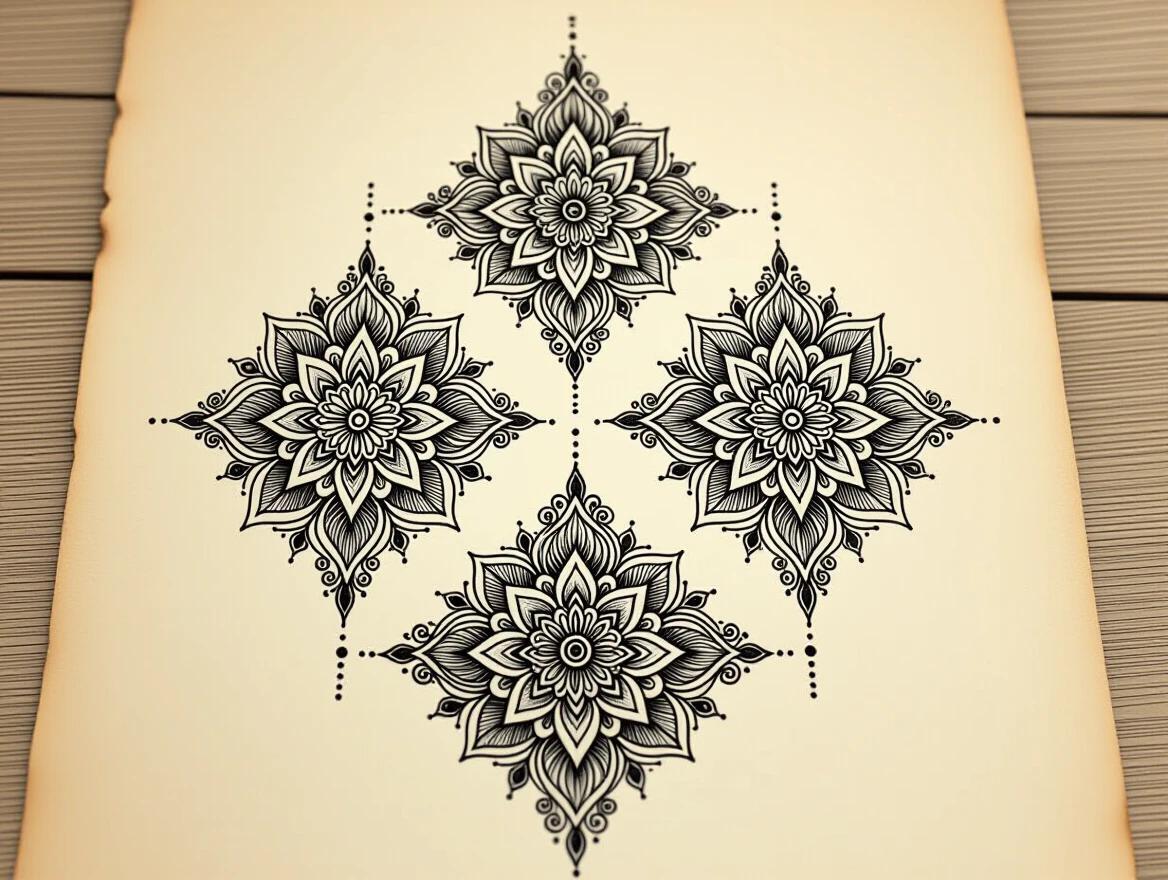 Elegant black and grey tattoo flash sheet with symmetrical ornamental designs. Includes mandalas and sacred geometry. Placed flat on parchment paper with precision ink lines and soft shading. Minimalistic studio backdrop adds subtlety.