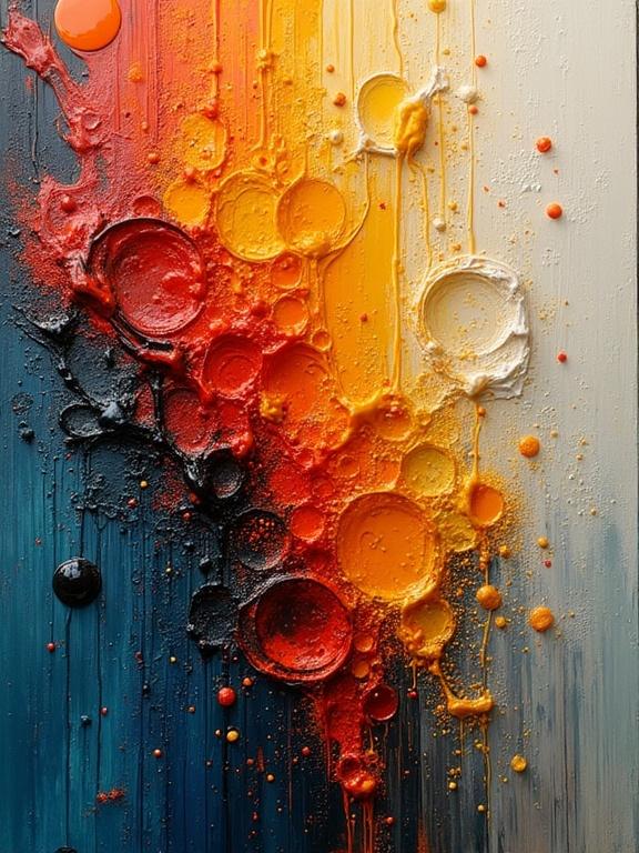 Oil painting with vibrant colors and a textured surface. Features 3D elements and splashes. Emphasizes circular shapes and thick layers of paint.