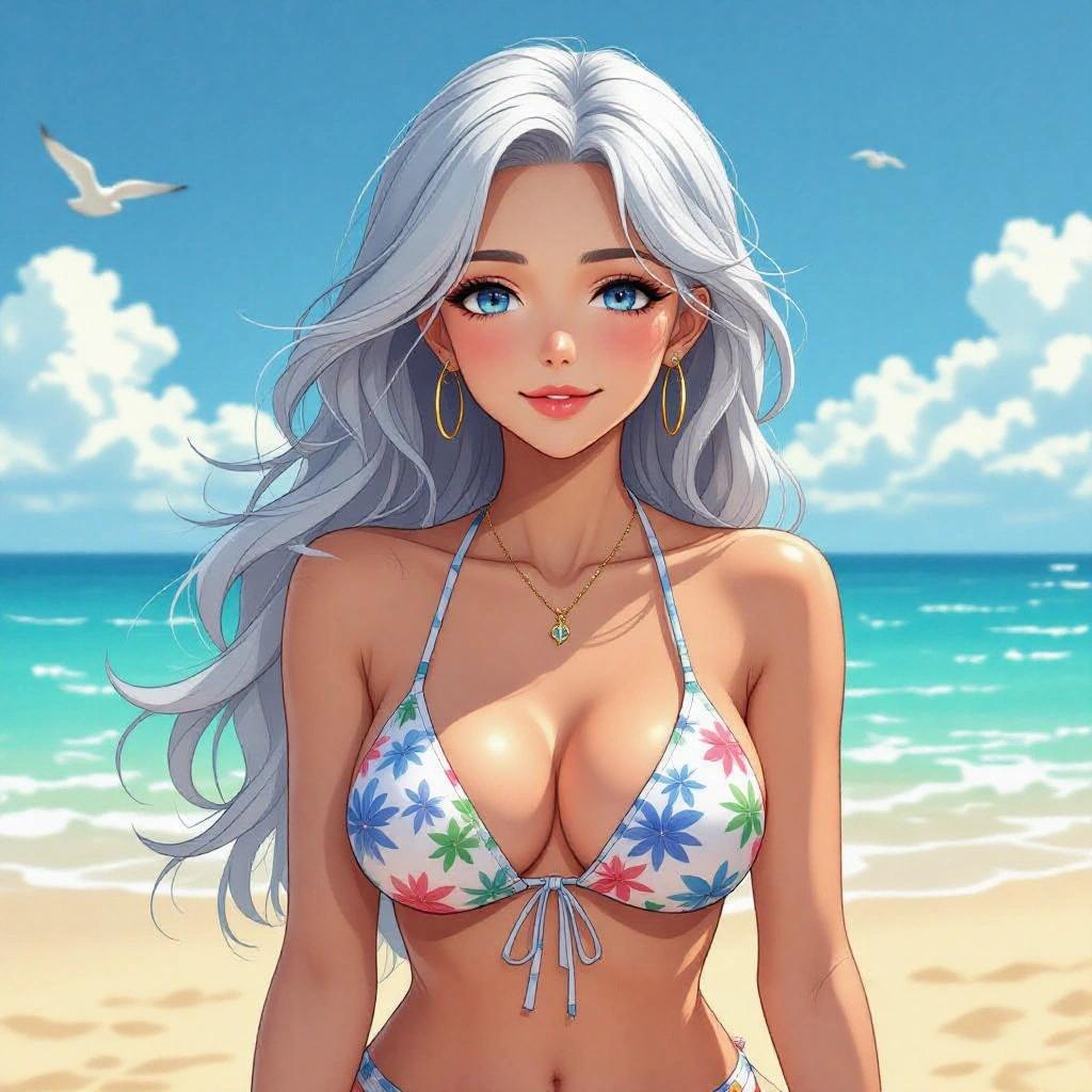 Mature looking 3D anime woman in bikini at the beach with silver hair and blue eyes. She is standing in front of a bright blue ocean under a clear sky.