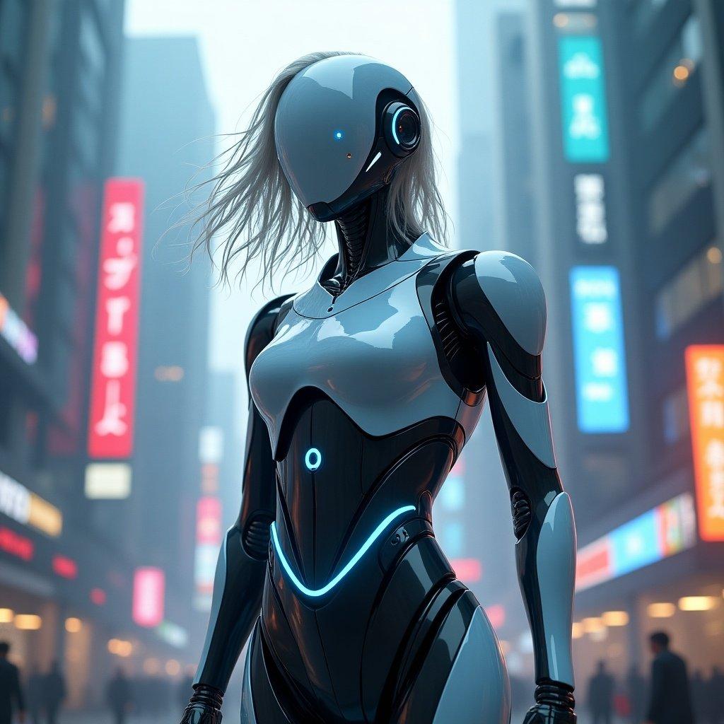 A futuristic robot stands confidently in a bustling urban environment. The robot has a sleek design, with a shiny black and white exterior and glowing blue elements. It appears to be in a cyberpunk setting, surrounded by neon signs and a foggy atmosphere. The lighting is soft, enhancing the robot's features and the city backdrop. This image captures the essence of advanced technology in a modern world.