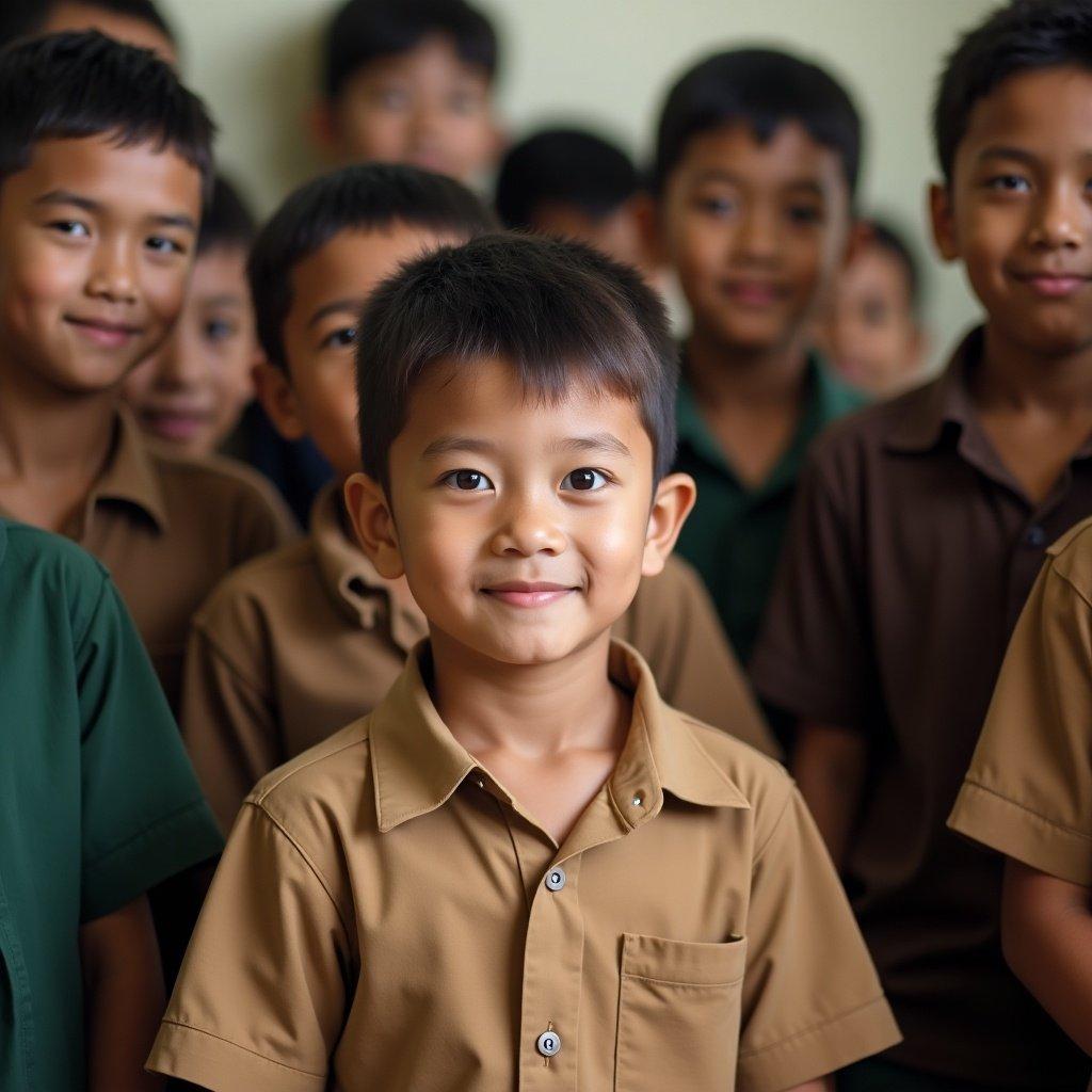 Group of children in school uniforms with one child in focus wearing a tan shirt surrounded by classmates wearing brown and green shirts.