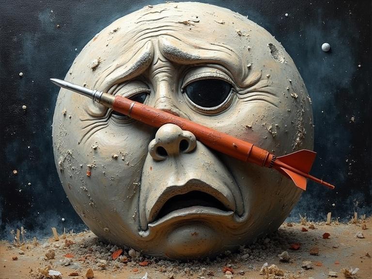 3D layered oil painting with textured materials like ash, hair, and sand. Combined with collage elements. Unique surface feel. Evokes depth. Masterpiece composition. Close-up of the Moon with a rocket lodged in its eye. Style reminiscent of early 1900s photography. High contrast with grainy texture. Whimsical atmosphere.