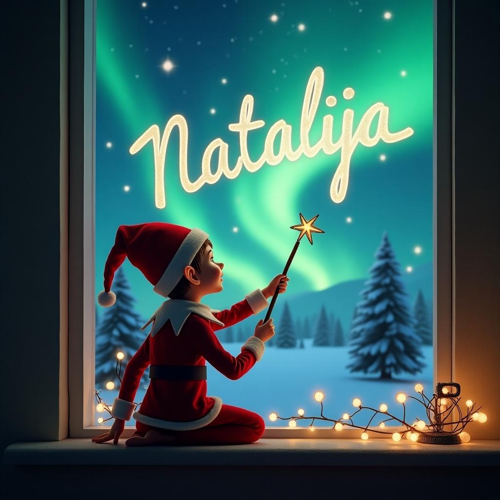 The image depicts an elf on the shelf with his back to the viewer. He is facing the night sky, using a wand to write the name 'Natalija' in glowing letters. The background features a magical Christmas landscape with stunning northern lights illuminating the night. Snow-covered trees can be seen in the distance, adding to the winter wonderland feel. The setting is cozy, capturing the essence of holiday cheer and childhood magic.