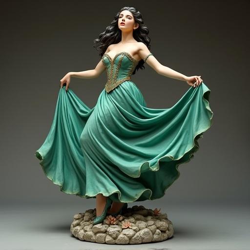 Ultra-detailed resin statue inspired by Esmeralda. Reinterpreted as a sensual and powerful dancer in the midst of a gypsy dance step. The figure is standing with one leg extended to the side. Skirt swirling in motion revealing a thigh. The torso is slightly turned with arms raised. One hand holds a tambourine gracefully. The other hand accompanies the movement with an elegant curve. Long hair flows to one side, trapped in the dance gesture. Wears a fitted corset with gold embroidery and a plunging neckline. Accompanied by a wide, semi-transparent skirt open at the sides. Gold jewelry decorates ankles, ears, and wrists. Hypnotic expression with intense gaze and enigmatic smile. The base simulates ancient stones with melted candles and scattered flowers. Style of collectible resin sculpture with glossy texture and professional photographic finish.