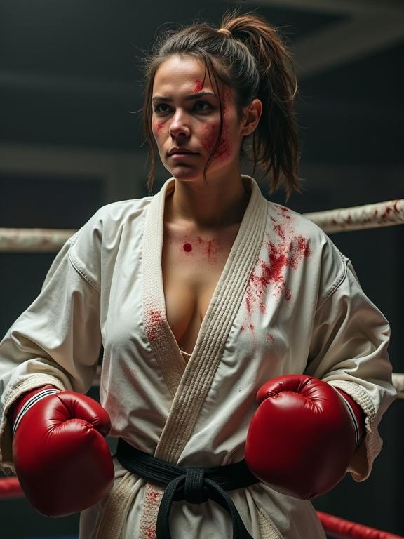 Realistic athletic woman wearing worn-out karate gi. She has bloody smudges on her body. Her hair is untidy. Heavy bruises on her face. She appears exhausted but focused on winning the fight. Her fists are bloody and held up. Set in a boxing ring.