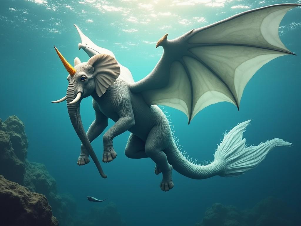 The image depicts a fantastical creature known as the Mythimera, which combines elements of various animals. It has the body of a mermaid, allowing it to swim elegantly through water. Its head is that of an elephant, complete with a long trunk for navigating its surroundings. Majestic dragon-like wings allow it to fly through the skies. A unicorn horn adds a magical touch and suggests the ability to harness special powers. The Mythimera's expressive eyes resemble those of a dog, lending it a sense of loyalty and agility akin to that of a cat. Overall, it is a delightful representation of imagination and fantasy.