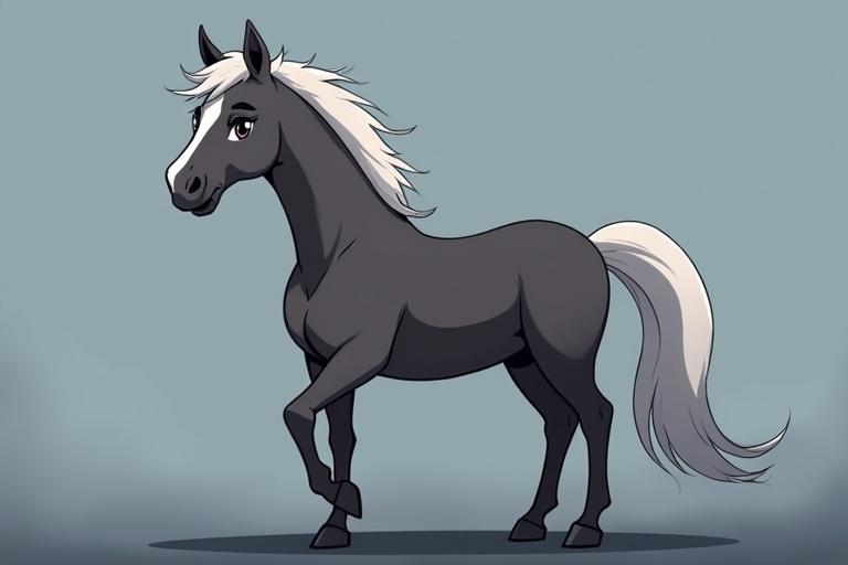 A light gray horse in anime style. Horse can transition from dark to light with age. Background is dark gray. Cartoonish design.