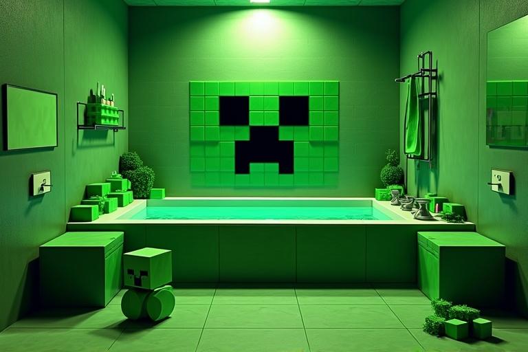 Create a digital art image of a Minecraft-themed bathroom. Include a jacuzzi tub formed with green pixelated blocks that resemble a Creeper face. Surround the tub with smaller Creeper figures. The setting should have modern bathroom features and green-tinted lighting. Add pixel art and Minecraft-inspired furniture. Render from a slightly elevated angle with vibrant colors and sharp details.