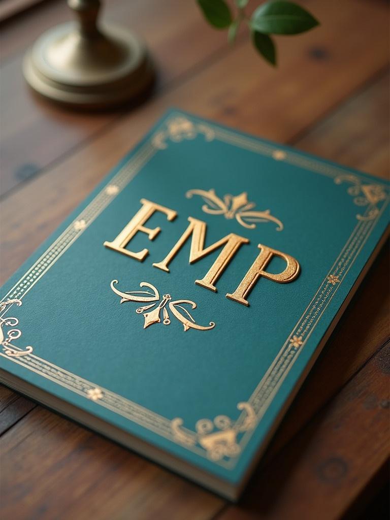 A vintage-style invitation card features the letters 'EMP' in gold against a teal background. The card is placed on a wooden table. The design is elegant with intricate details.