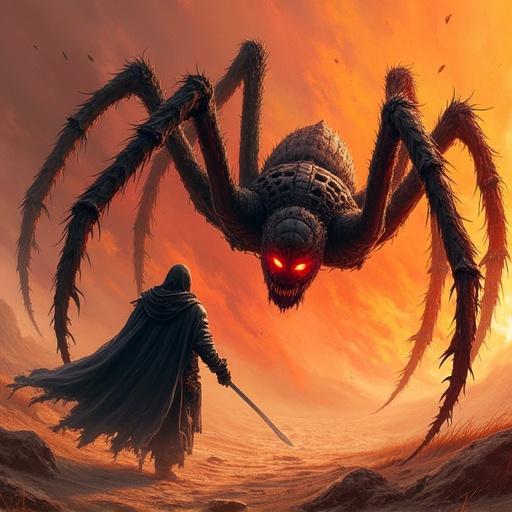 Cinematic dark fantasy battle scene features a spider-like monster with glowing red eyes facing a black-armored warrior. The background showcases an orange-red fiery desert with dynamic perspective. The scene is rich in hyper-detailed textures and dramatic lighting with volumetric shadows and motion blur. The artwork uses a triadic color palette in a hand drawing style with pencil paint.