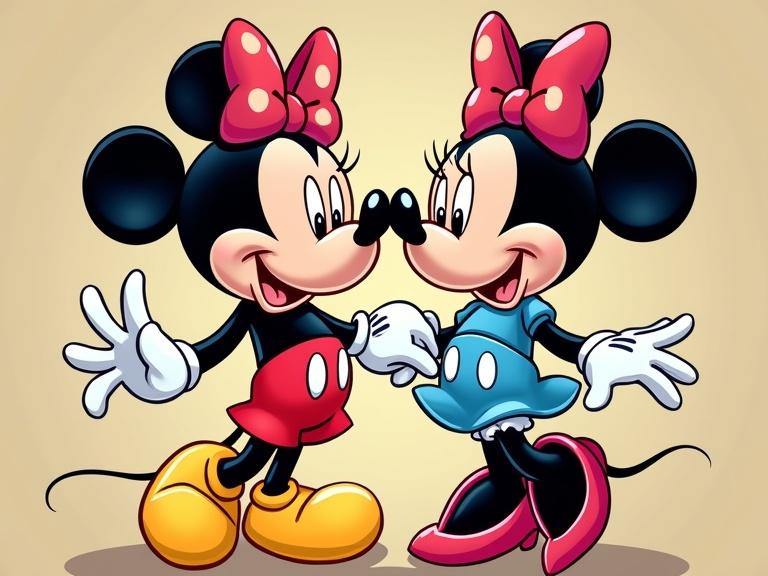 Disney cartoon with Mickey and Minnie smiling at each other. Both characters have bows on their heads. Colorful and friendly atmosphere. Ideal for children's animation. Popular characters in vibrant outfits.