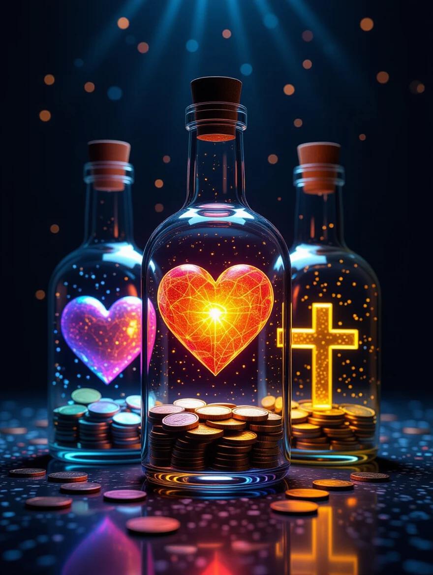 Three separate glass bottles containing a heart a coin and a cross. The bottles illuminate in different colors. Set against a dark gloomy background. A halo of light highlights their forms in detail.