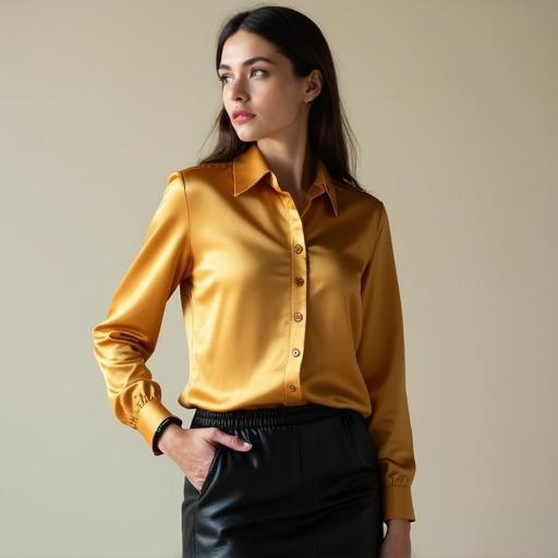 Photograph of a woman wearing a gold satin-like long-sleeved blouse with a button-up front. She wears a black leather-like long skirt. She has a bracelet on her right wrist. The lighting is even and well-distributed. Composition emphasizes her posture and attire. Colors are gold black and off-white.