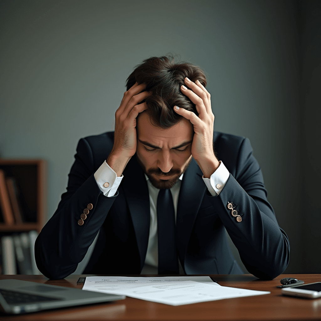 A man in a suit looks stressed while sitting at a desk with documents, a laptop, and a phone.