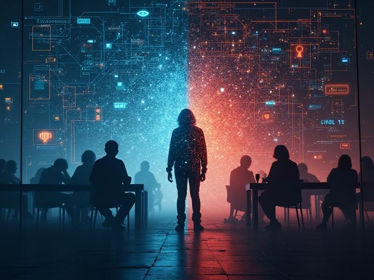 Visualize a split scene showing technology and personal privacy. One side has a glowing digital world with data points and surveillance elements. The other side has personal life moments disrupted by digital overlays. Centered is a human figure made of data pixels, highlighting the loss of anonymity. Use contrasting colors: cold tones for tech, warm tones for personal life. Include symbolic elements like a broken lock and watching eye to emphasize privacy issues in AI.