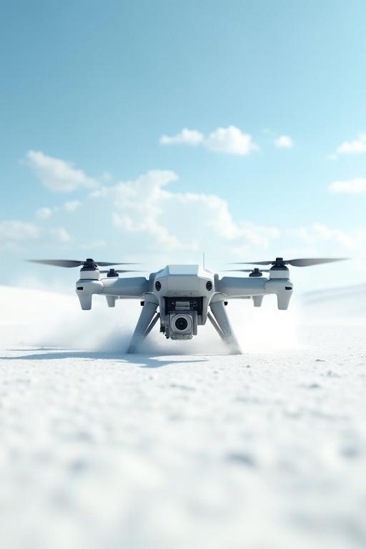 Cinematic scene of a small light grey hover drone in a vast white desert. Dust billows around it. The drone has a small minigun attached below. The sky is blue with clouds. Focus on high detail, realism, and textures.