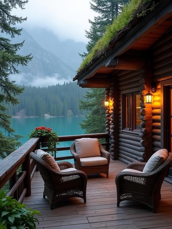 Beautifully styled rustic deck area overlooks a turquoise lake. Cozy wicker armchairs have plush cushions. Warm amber lights illuminate the space. Lush pine trees and misty mountains provide a serene backdrop.
