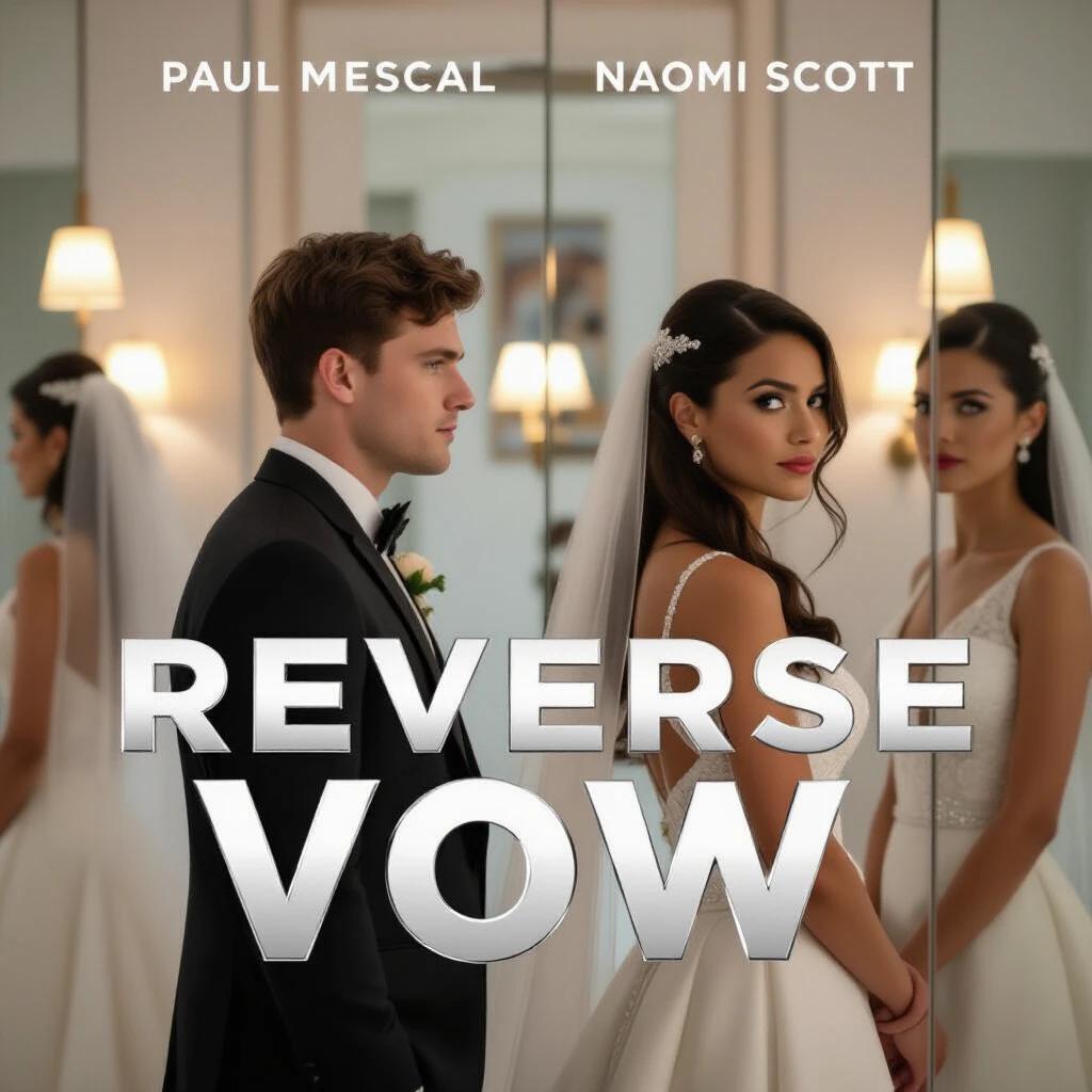 Movie poster for REVERSE VOW featuring title in mirror foil font. Two characters dressed for wedding face away in opposite mirrors. Bright side lighting creates reflections and glare. High-quality photorealistic style with 5K resolution.