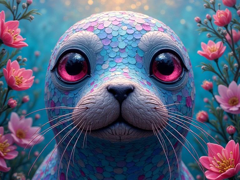 3D vibrant and highly detailed funny seal with a ceramic tile and glass mosaic design. Features pink and black gothic eyes. Ethereal and abstract appearance with floral elements.