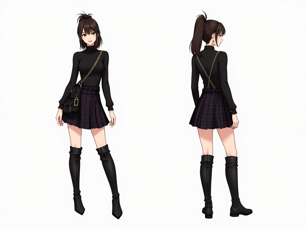 The image depicts a fashionable character in a stylish outfit. She is wearing a fitted black top with long sleeves and a dark plaid skirt that falls just above the knee. The character has a high ponytail hairstyle and is accessorized with small earrings. She carries a trendy, small black bag slung across her shoulder. The outfit is completed with knee-high black boots, giving her a chic and modern appearance. The overall vibe of the character is confident and fashionable.