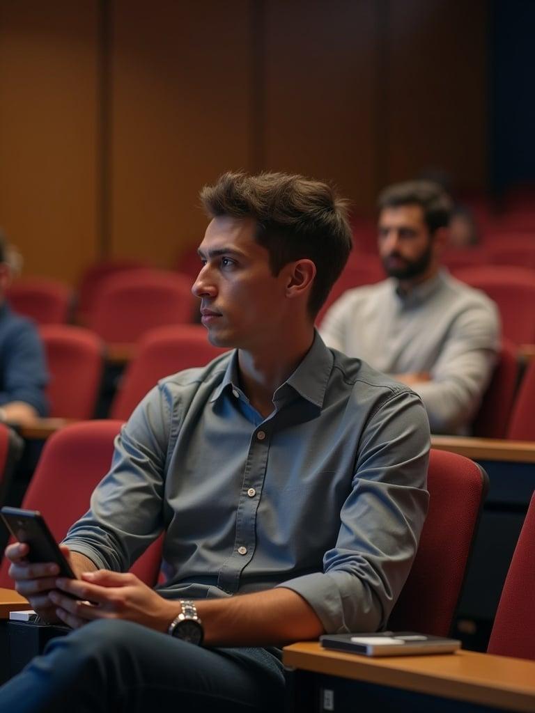 An international student attending a lecture. A smartphone is held by the student. The setting is inside an auditorium or lecture hall. The seats are red and the environment is focused on education.