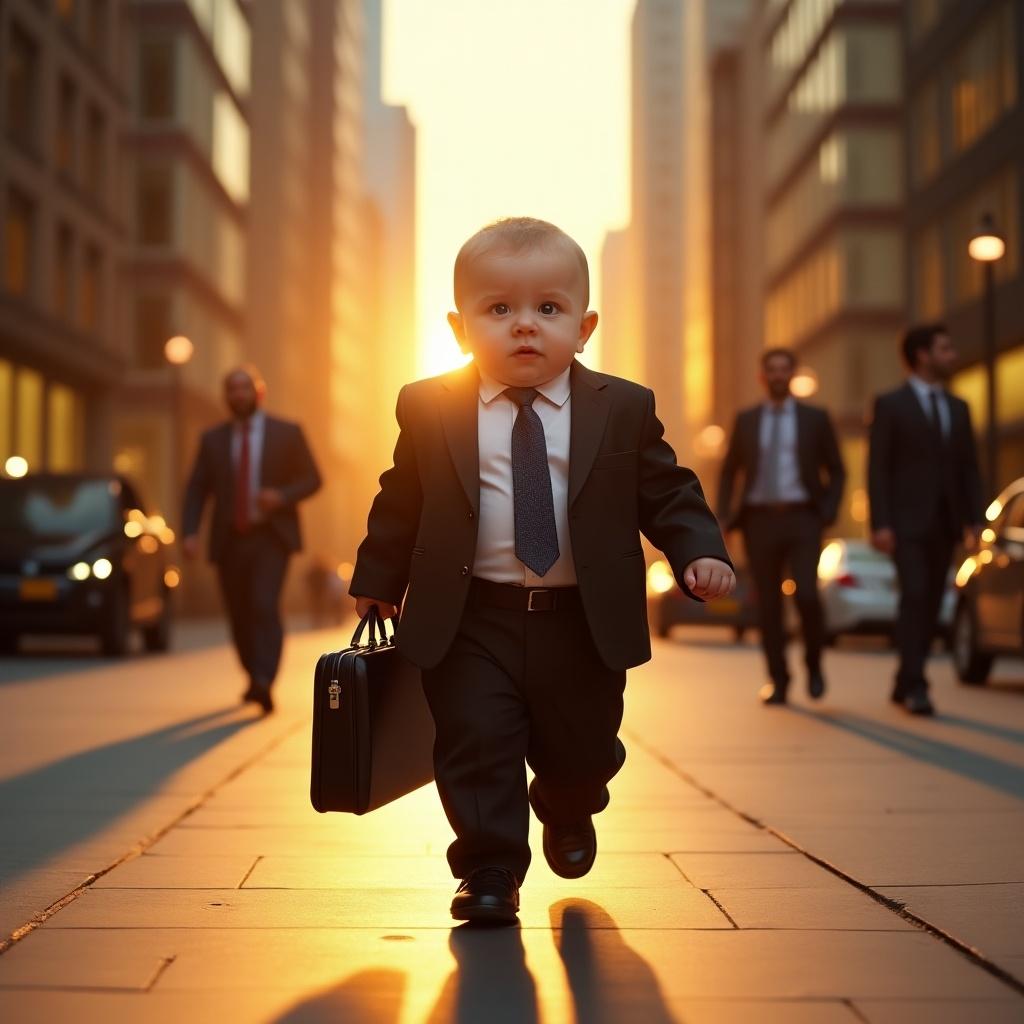 This image depicts a chubby 1-year-old baby boy dressed in a perfectly tailored suit and tie. The baby is walking confidently through a sunset-lit office district at the end of a workday. He holds a sleek leather briefcase in his tiny hand. The warm golden hues of the setting sun cast long shadows on the pavement. Towering skyscrapers and professionals add to the urban setting, while the baby’s expression reflects both intelligence and fatigue.