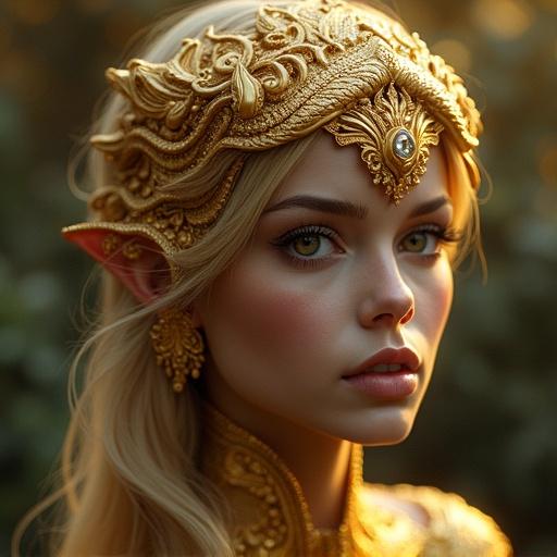 Studio photo of an ornate headdress styled hair character. Rich gold tones are prominent. Background includes soft warm lights that complement the fantasy theme.