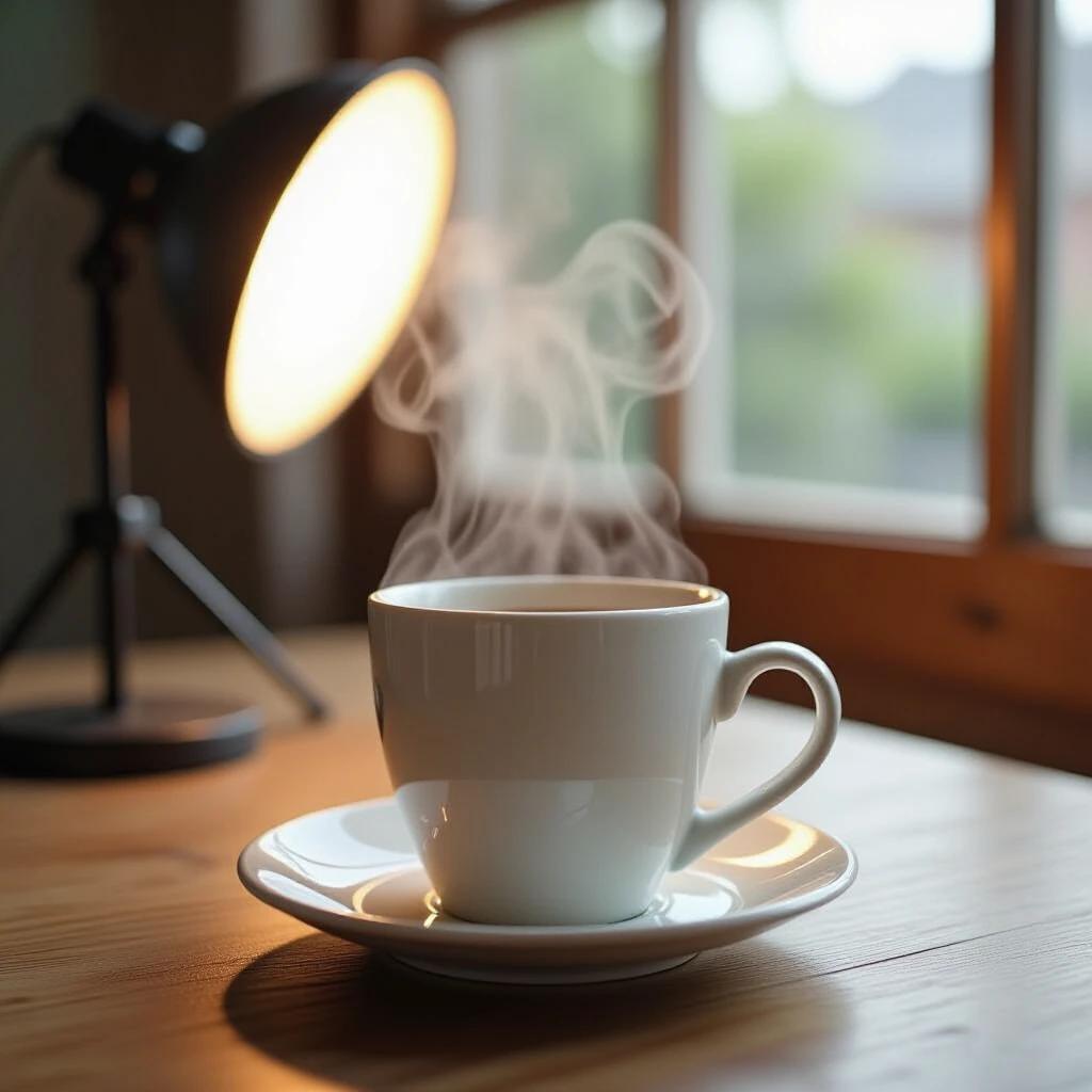 A close-up of a white coffee cup on a saucer placed on a wooden table. There is steam rising from the cup. A lamp casts a warm light in the background. The setting has a cozy ambiance with a view outside a window.
