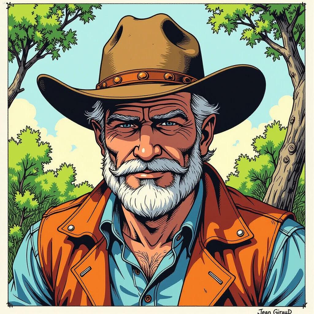 Character wearing a cowboy hat in a natural setting with trees. Colorful comic art style. Depicts a rugged cowboy figure typical of Western comics.
