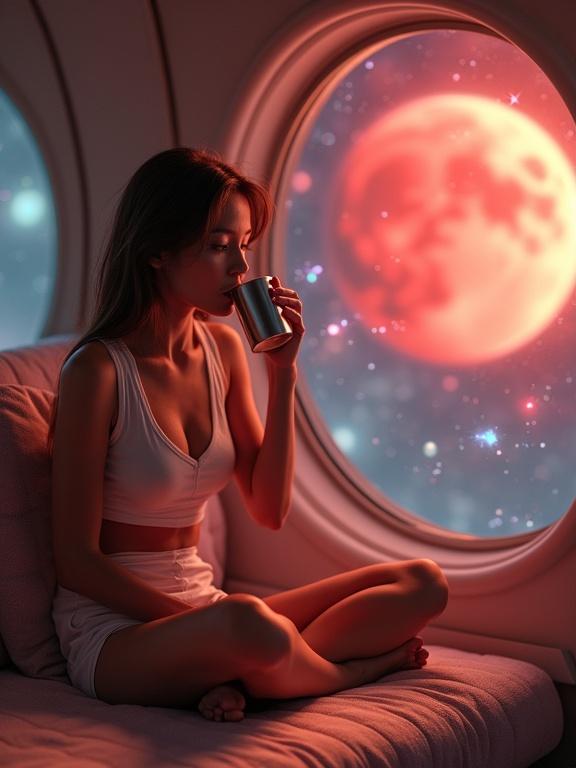 A girl sits cross-legged on a bench beside a spaceship window. She wears a white crop top. She drinks from a metal cup while gazing at a glowing red planet. Holographic displays float around her. The setting has a cozy sci-fi vibe with soft cinematic bloom.