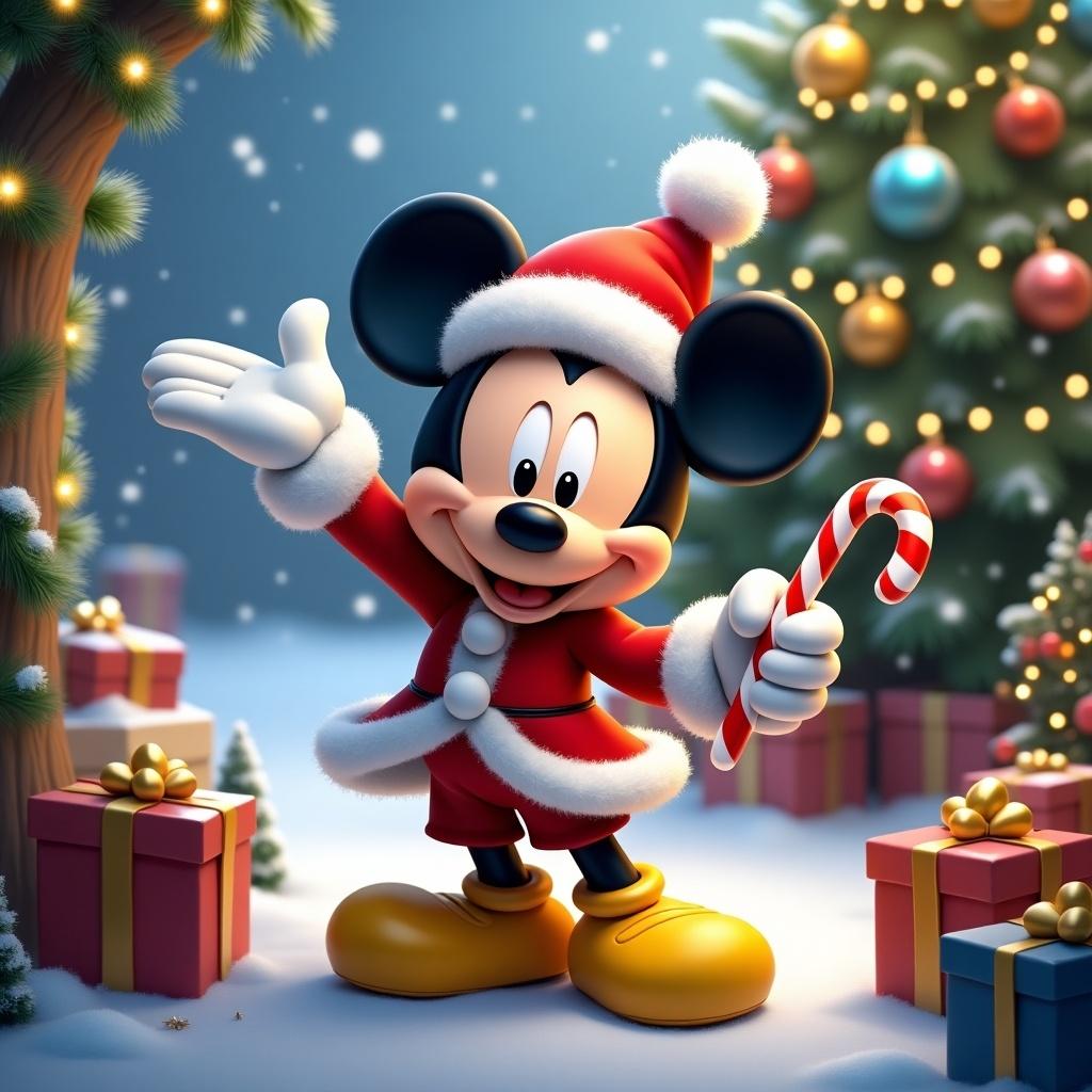 Mickey Mouse celebrating Christmas with festive decorations and gifts. Mickey wears a Santa outfit and holds a candy cane. A beautifully decorated Christmas tree in the background creates a joyful atmosphere.