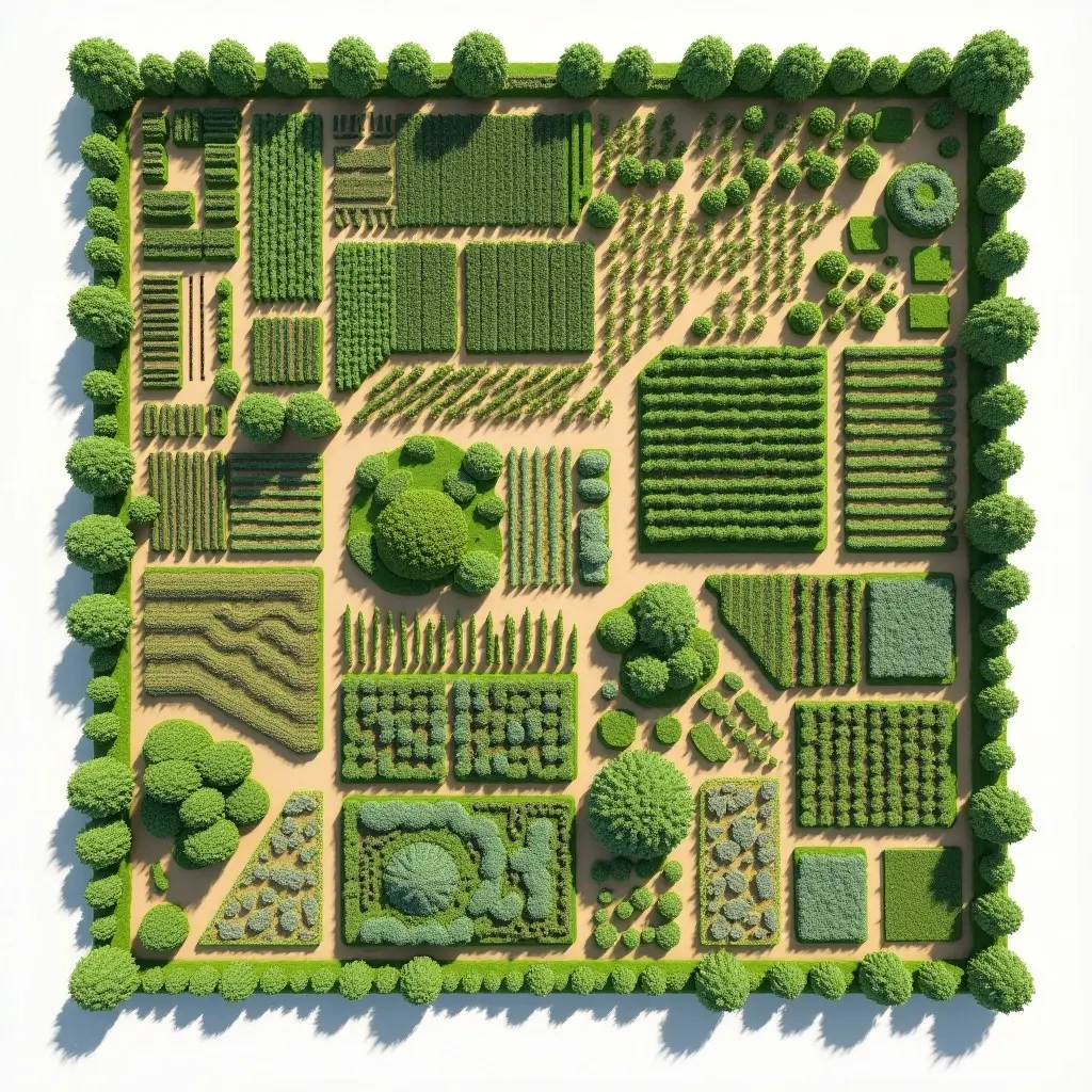 Aerial view of a 1-acre farm layout featuring various crops like coconut, litchi, avocado, drumstick, and Gliricidia. The layout is divided into zones, illustrating careful use of space for optimal crop growth and intercropping.