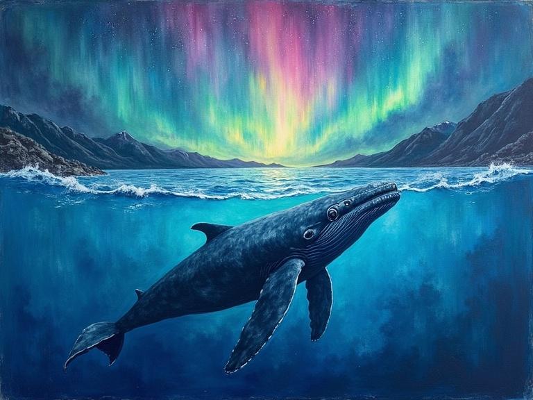 Whale swimming below surface. Aurora reflecting from above. Surreal impressionist fusion style with watercolor sky and oil-textured whale and waves.