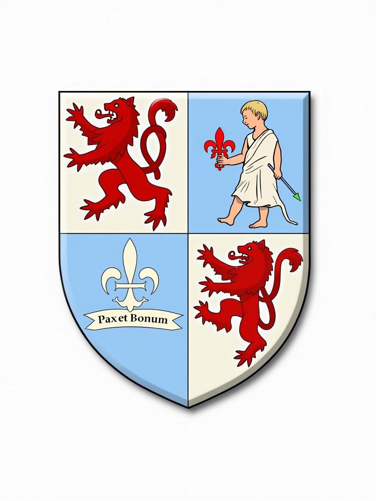 Coat of arms design featuring a shield divided into four parts. Upper left and lower right in white with red lions. Upper right and lower left in light blue showing a child with a red fleur-de-lis. Latin motto Pax et Bonum in a ribbon.