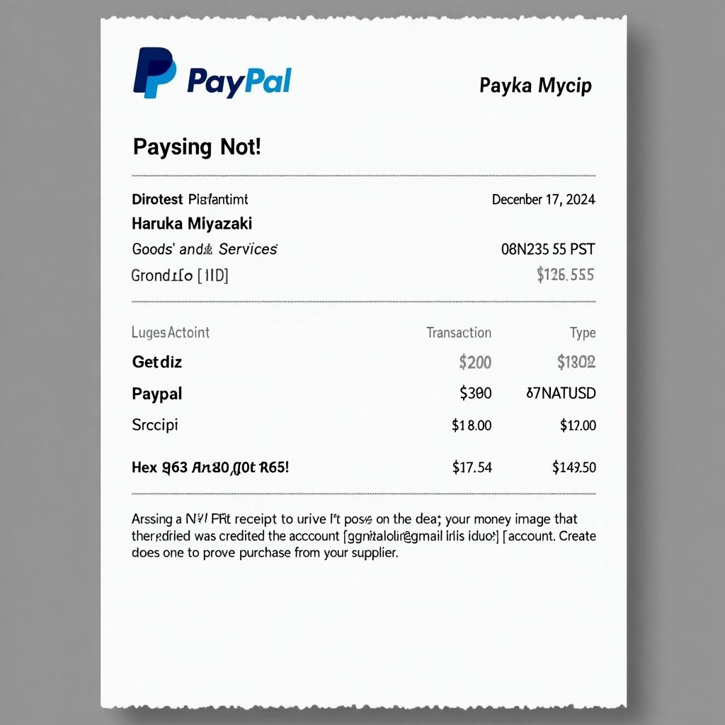 Generate a PayPal receipt showing payment from Haruka Miyazaki. Include transaction details such as date, time, amount, and note. Use clear formatting and logo. Provide proof for supplier purchase.